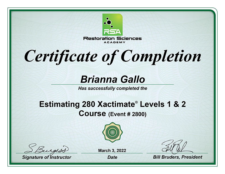 Brianna Gallo Certification Bulovas Restoration